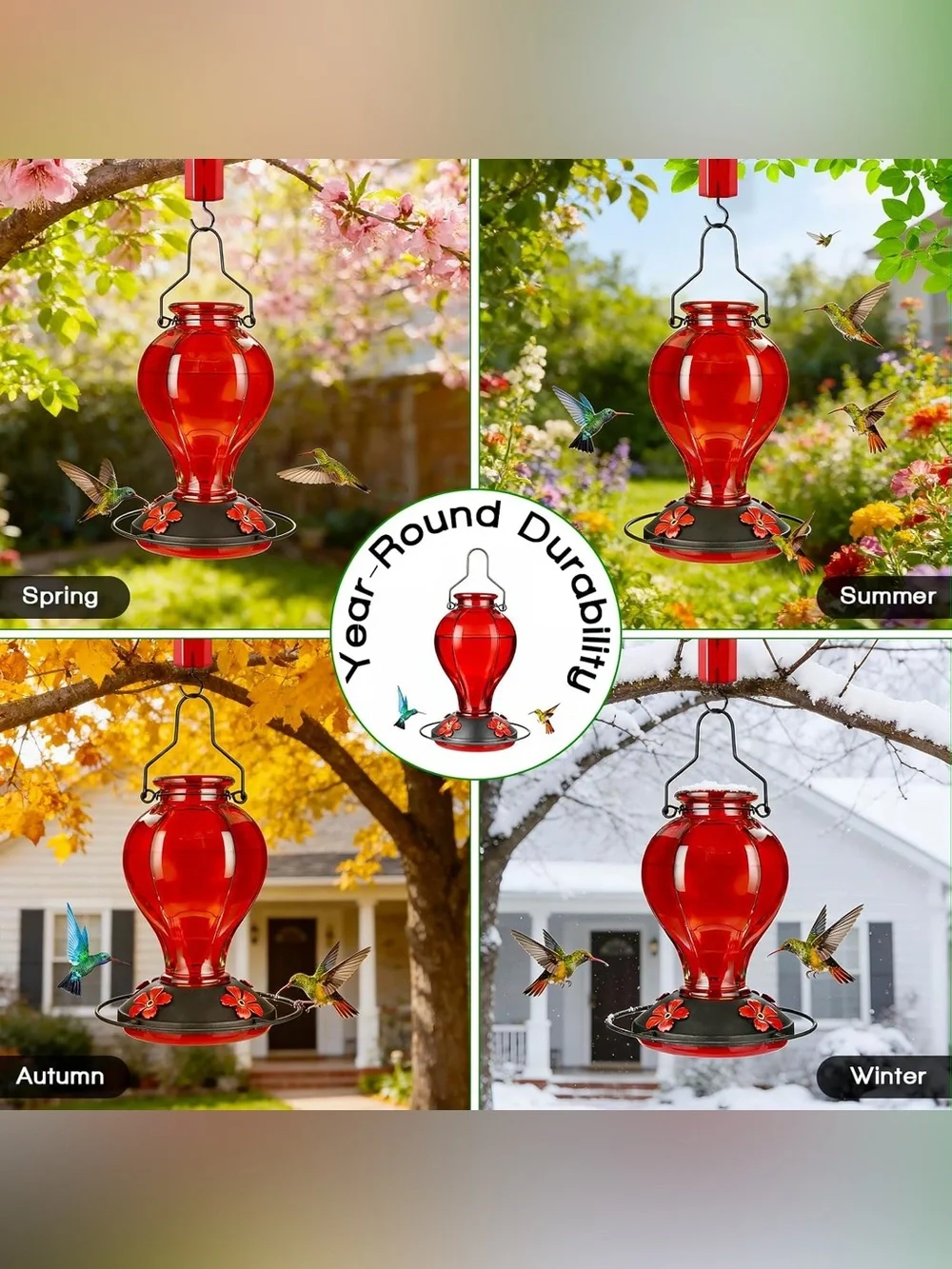 Red Glass Hummingbird Feeder - Floral